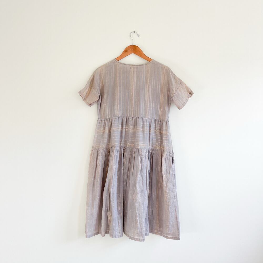 Pink Chicken Tiered V-Neck Neutral Metallic Striped Mini Dress, Size Small - Picture 2 of 11